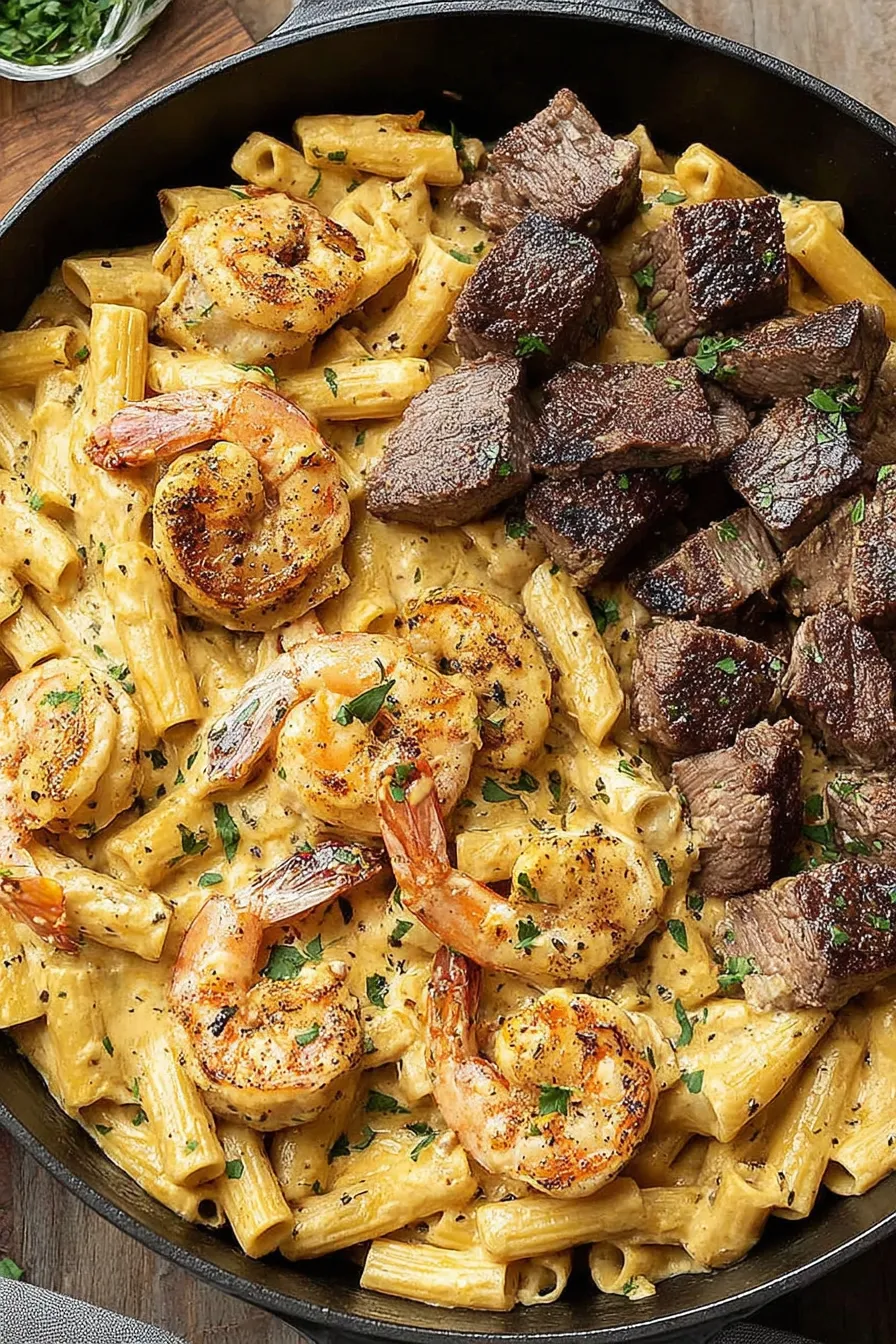 Plated blackened steak and shrimp alfredo with parsley garnish