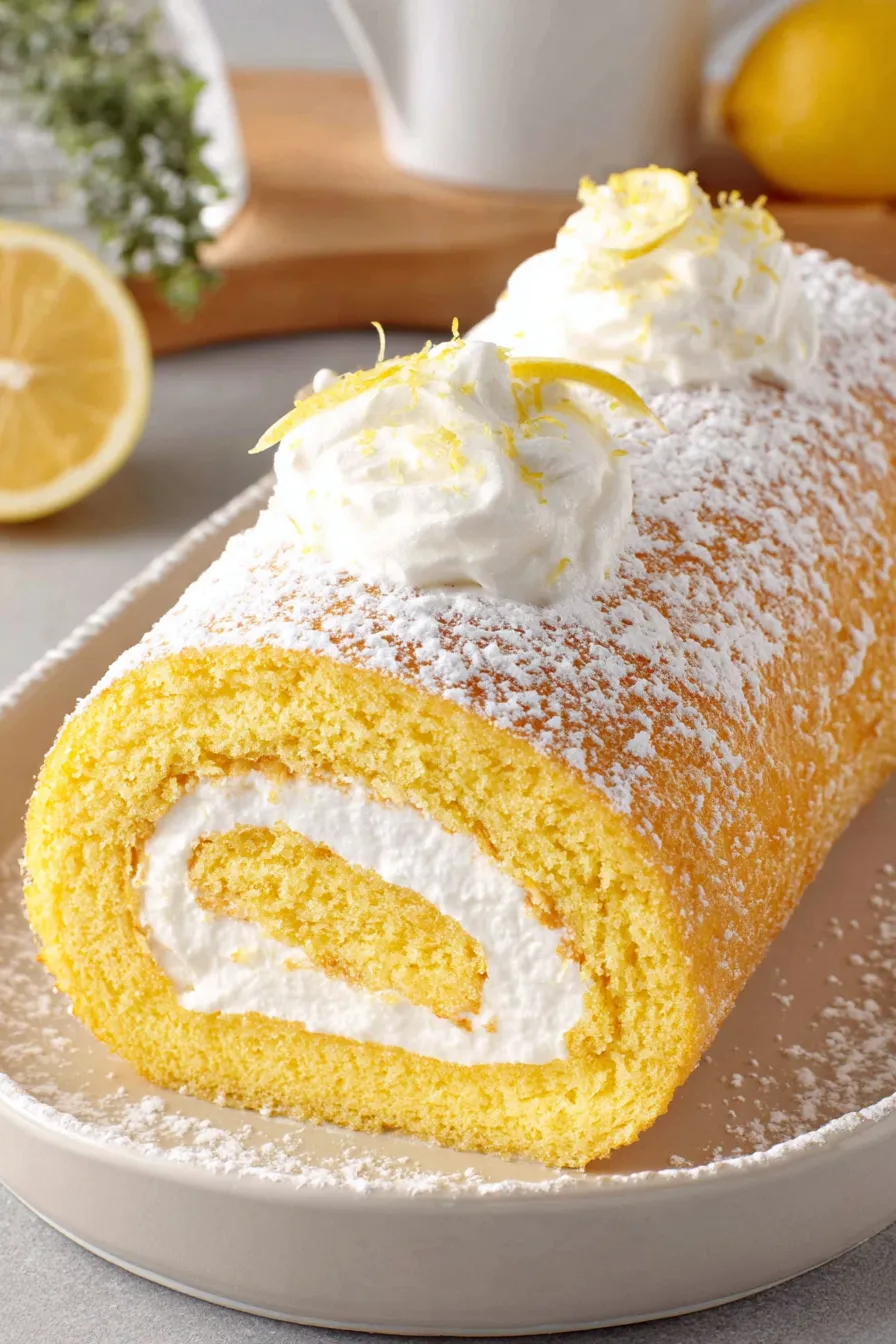 Rolled lemon sponge cake resting on a powdered sugar-dusted towel