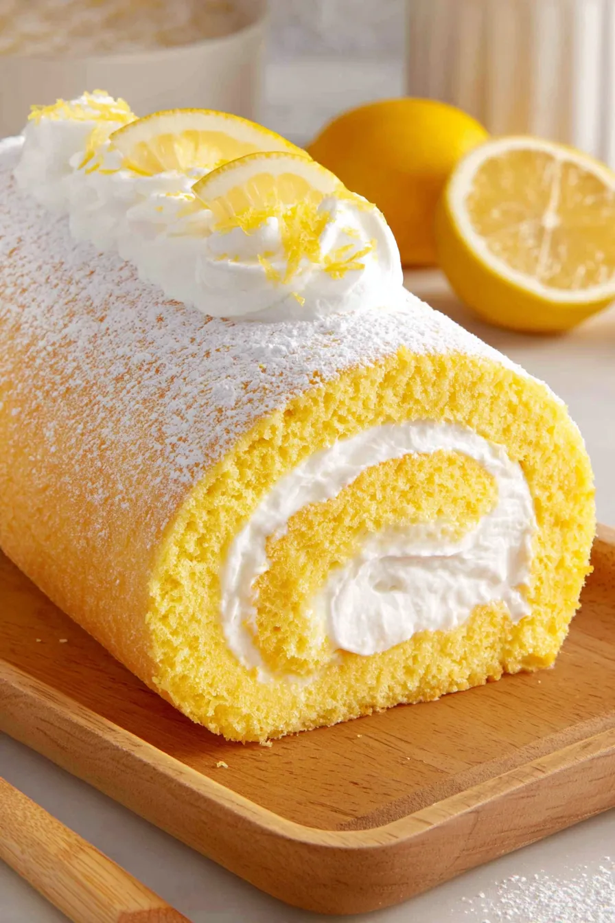 Sliced lemon swiss roll on a serving board dusted with powdered sugar