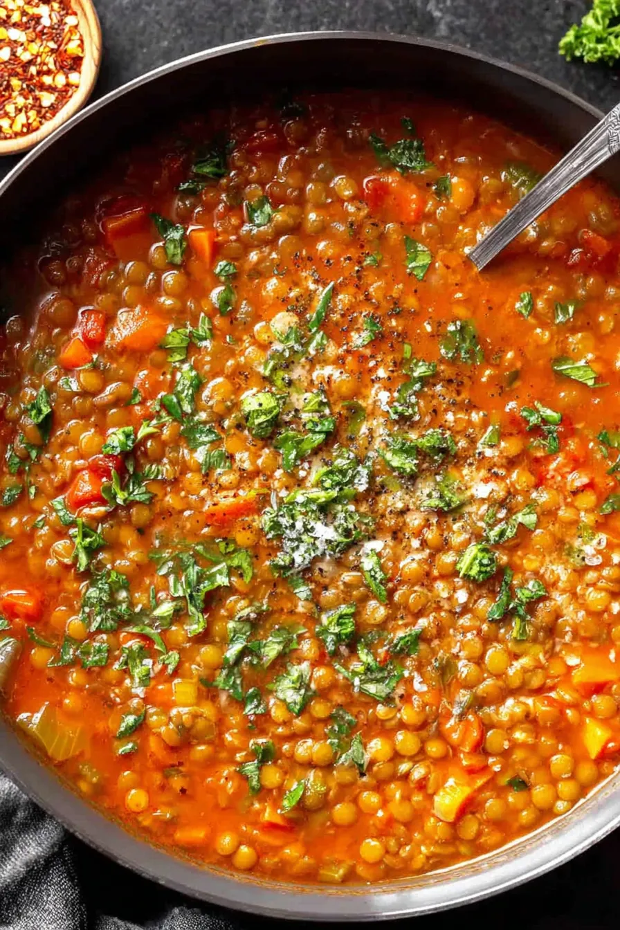 Bowl of Italian lentil soup with parsley and Parmesan