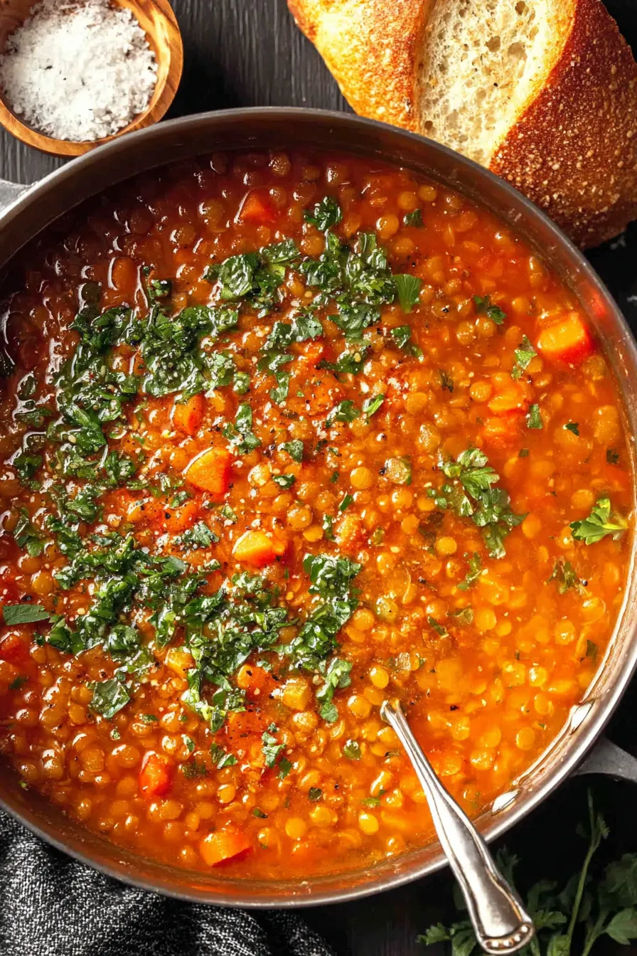 Ingredients for lentil soup with onion carrot and herbs