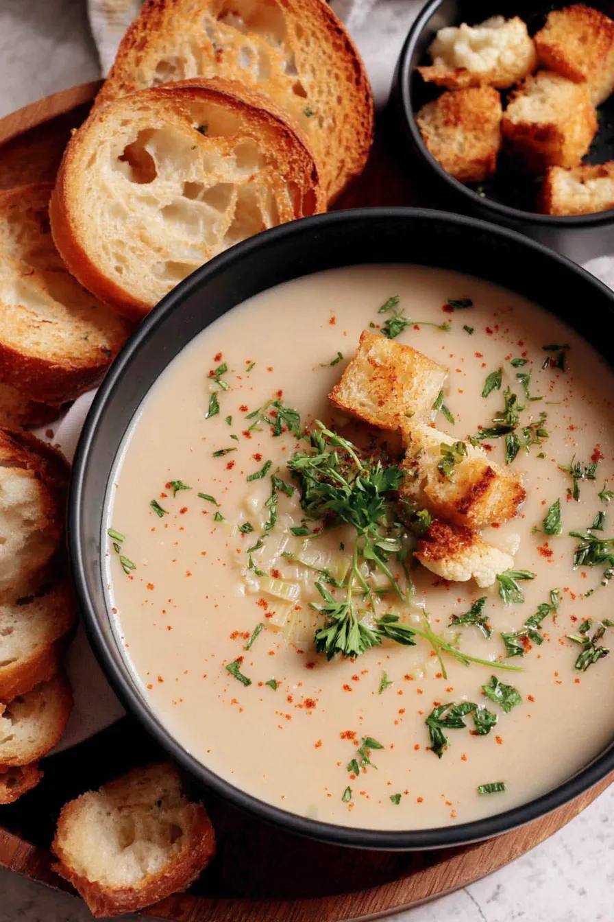 Creamy cauliflower soup in a bowl, garnished with olive oil
