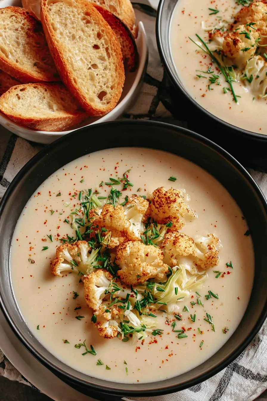 Soup ladled into bowls with bread on the side