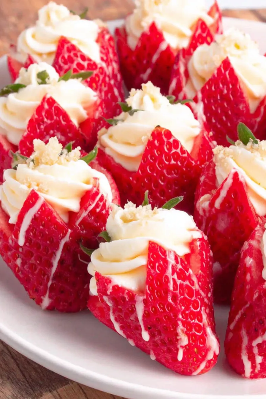 Cheesecake stuffed strawberries on a white platter