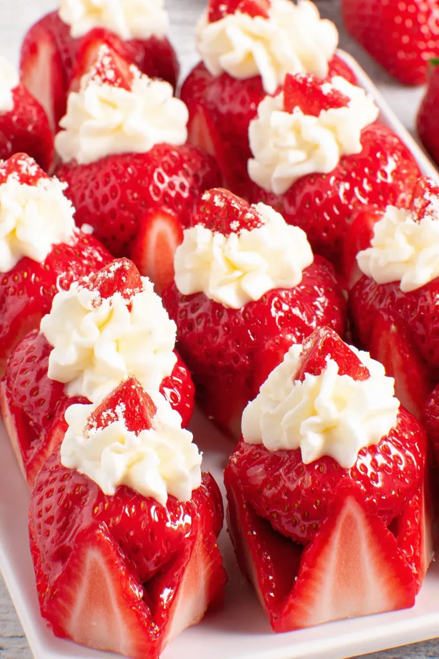 Close up of a strawberry stuffed with creamy filling