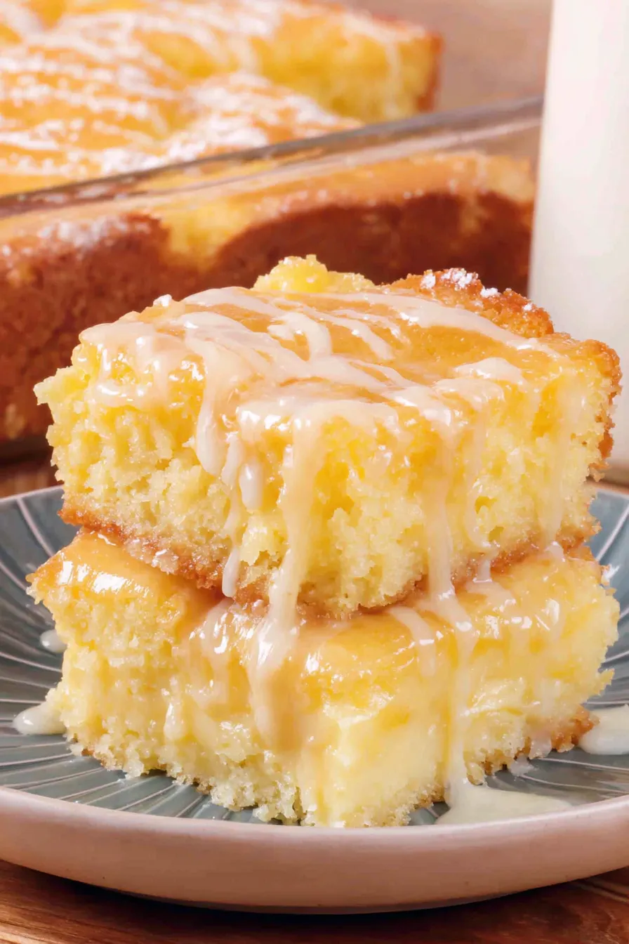 Butter cake in a 9x13 pan with creamy topping