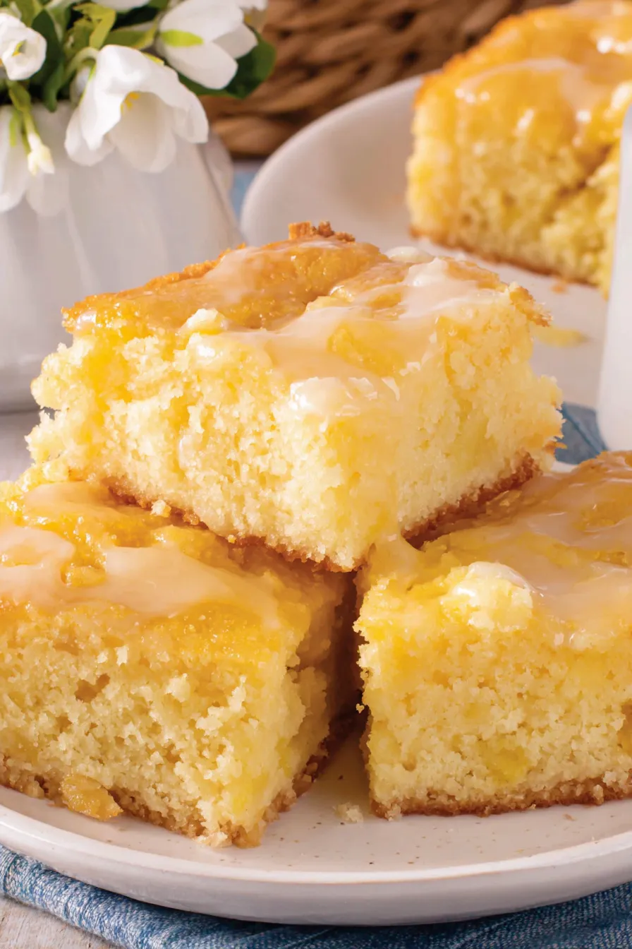 Slice of butter cake plated with sauce and garnish