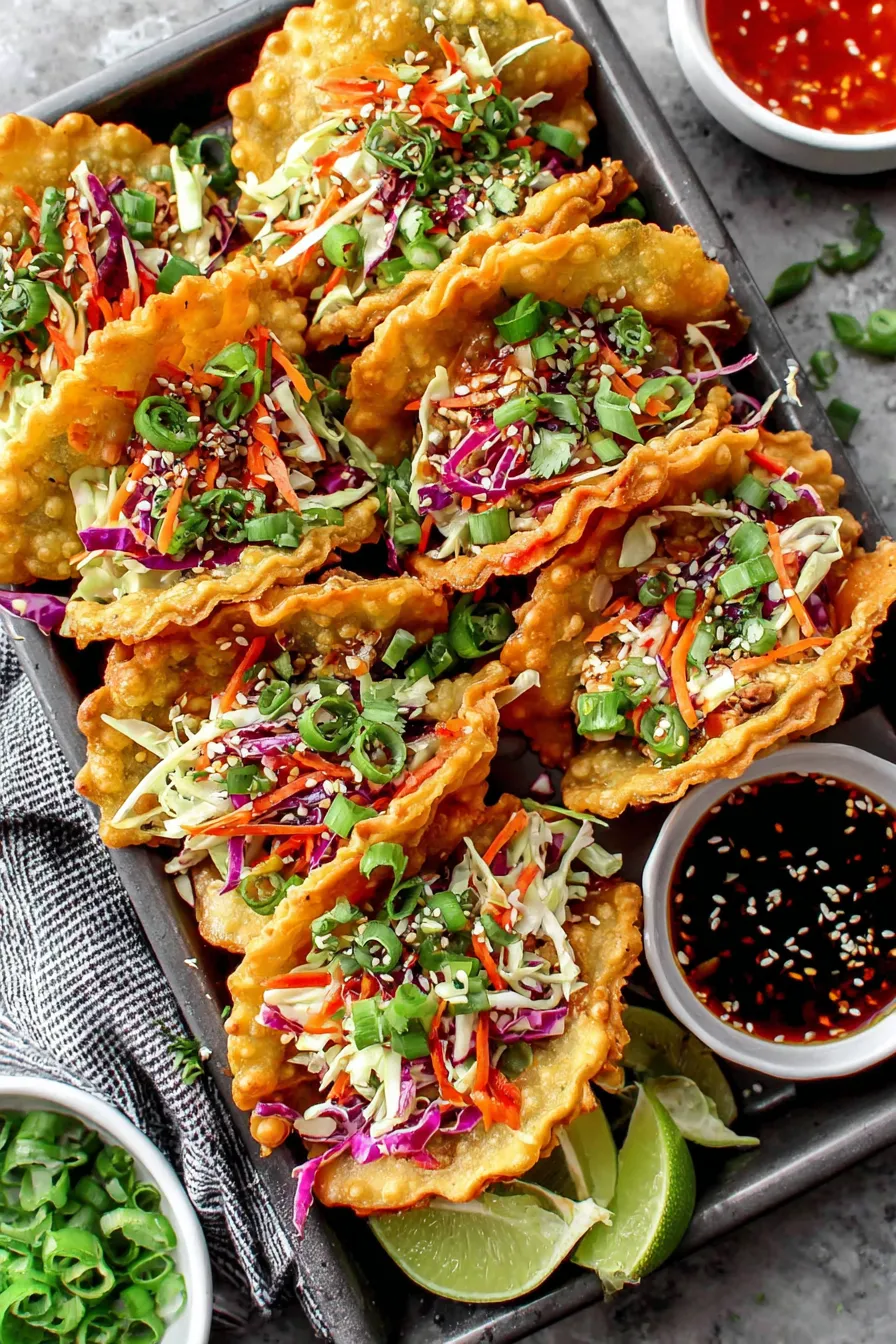 Crispy wonton shells filled with chicken and slaw