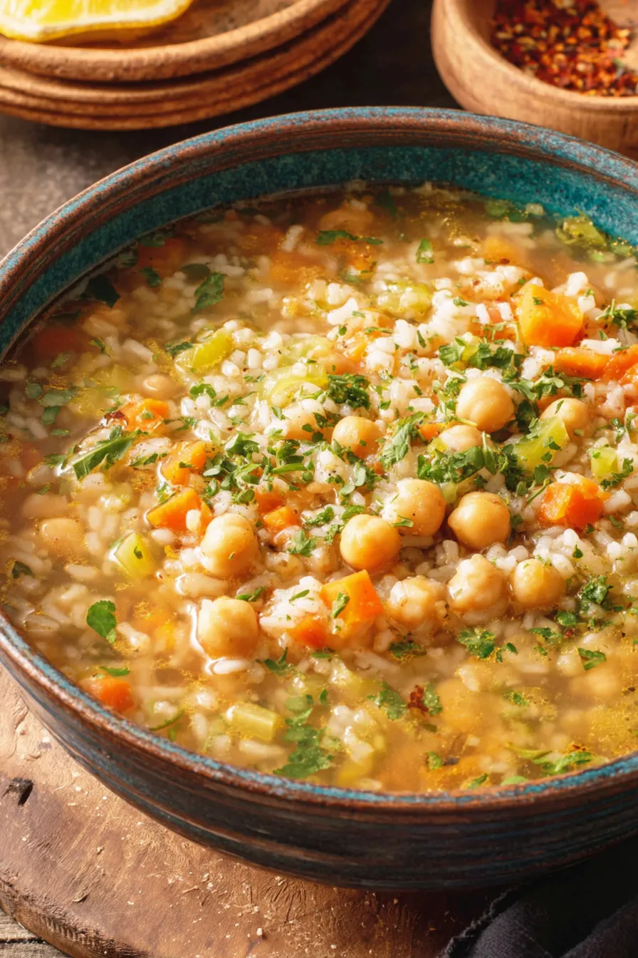 Finished chickpea and rice soup in a bowl