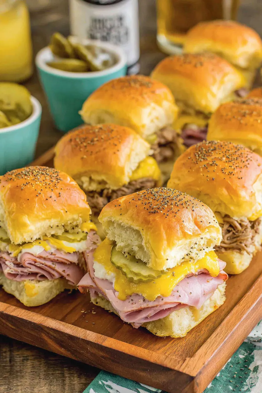 Close-up of assembled Cuban sliders in casserole dish