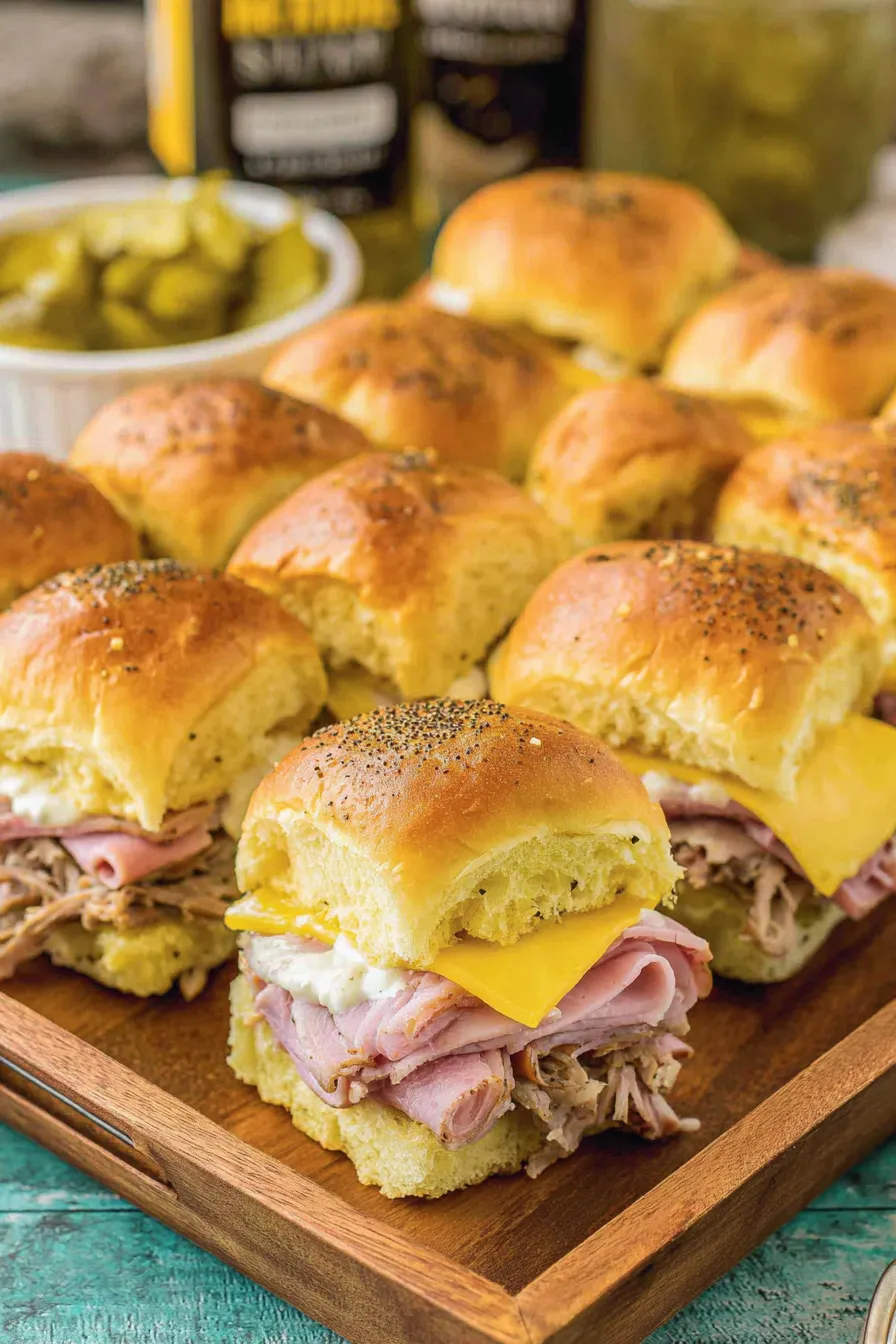 Tray of baked Hawaiian roll sliders with poppy seeds