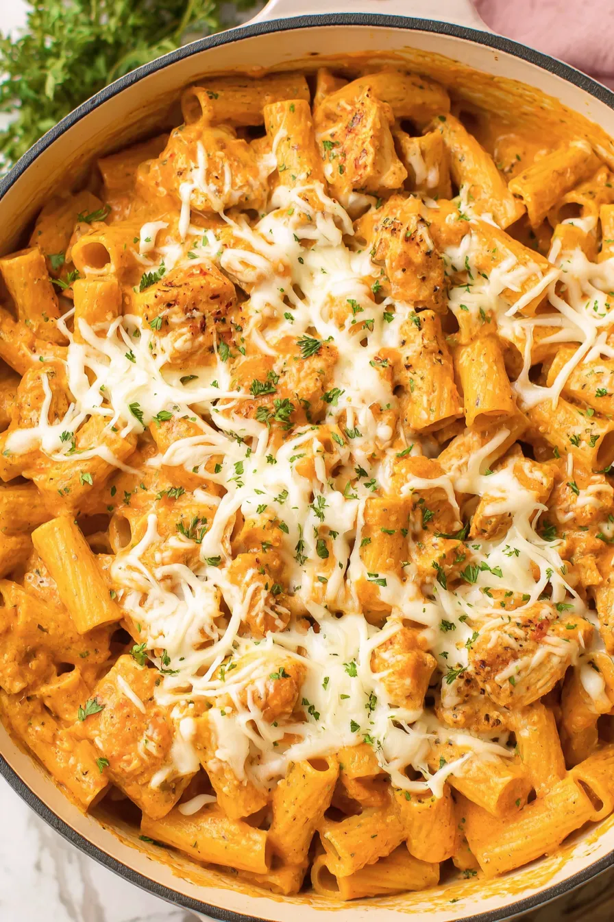 One-Pot Chicken Parmesan Pasta in a Dutch oven, bubbling with cheese