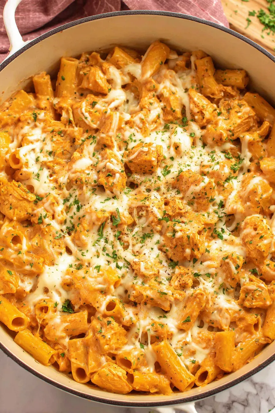 Close-up of cheesy Chicken Parmesan Pasta being served
