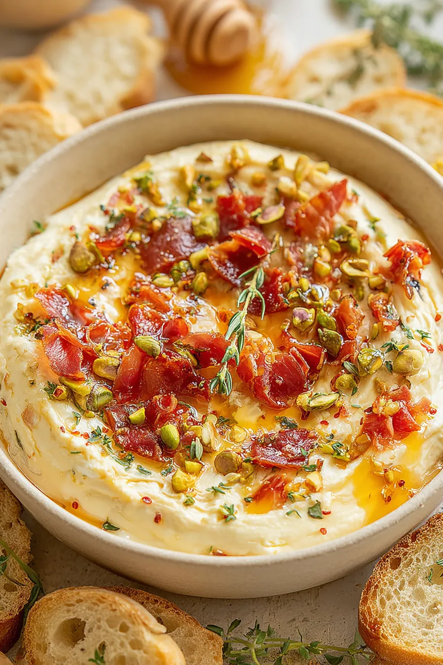 Whipped brie dip topped with hot honey and pistachios
