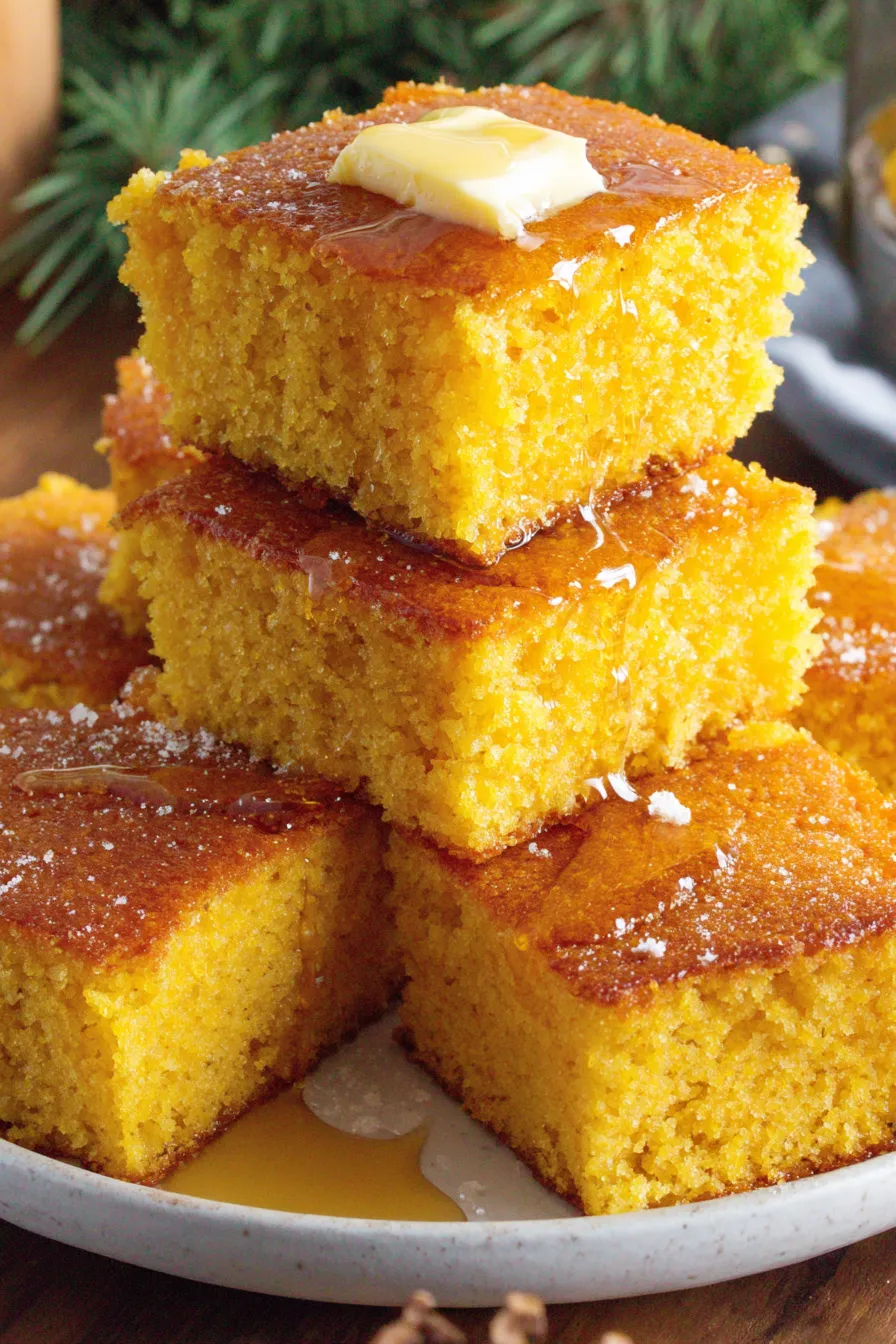 Slice of cornbread on a plate with butter and honey