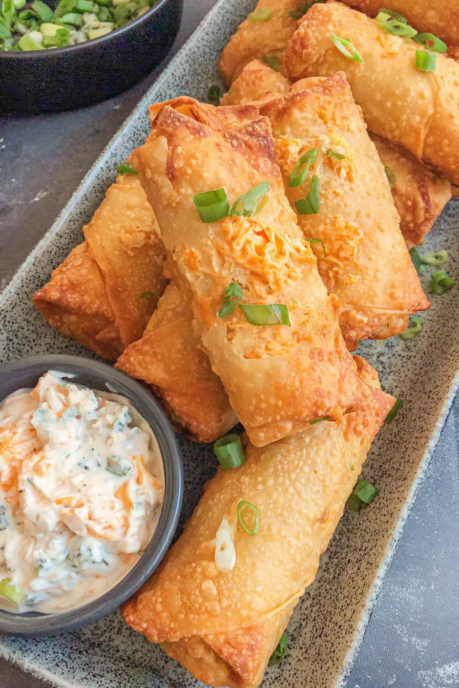 Buffalo chicken egg rolls frying to golden brown in skillet