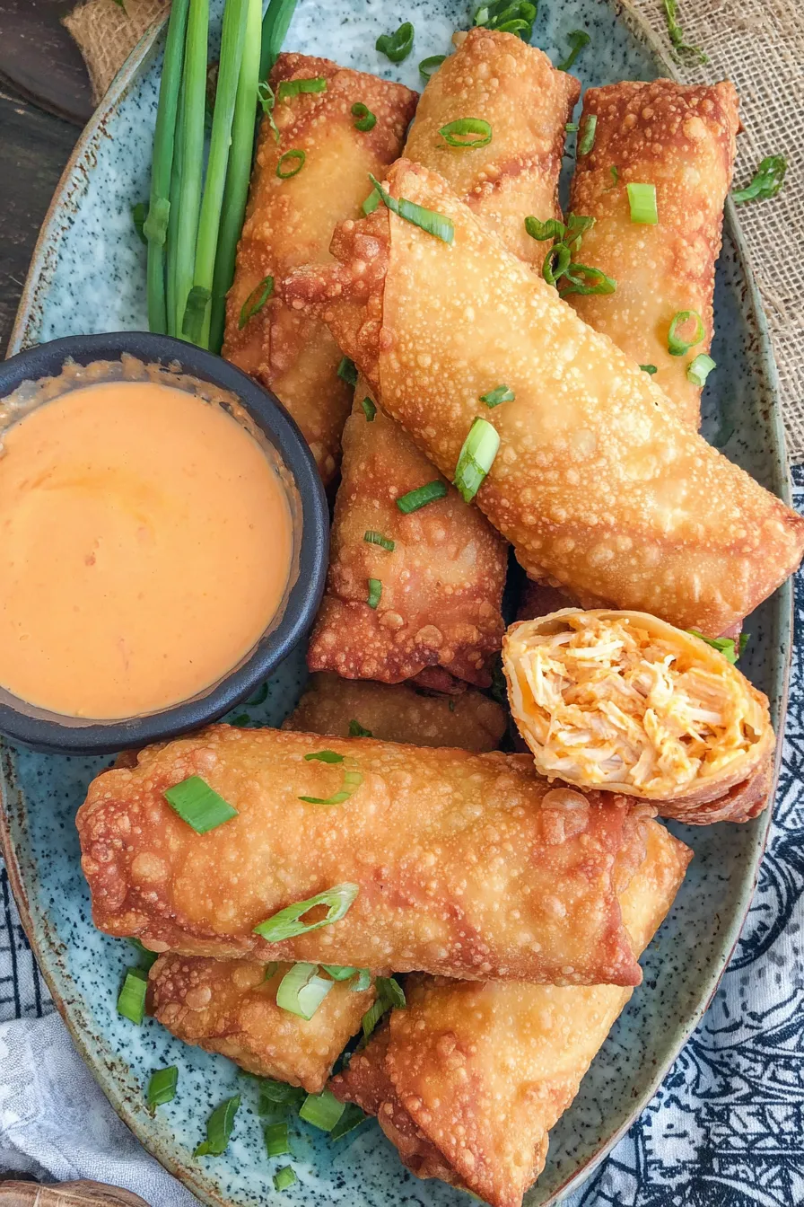 Tray of assembled buffalo chicken egg rolls ready to fry