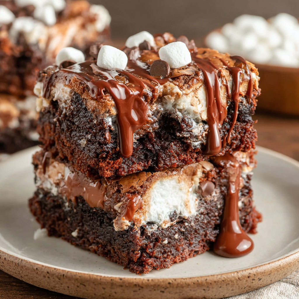 Close-up of fudgy brownie interior with melted chocolate and marshmallow layer