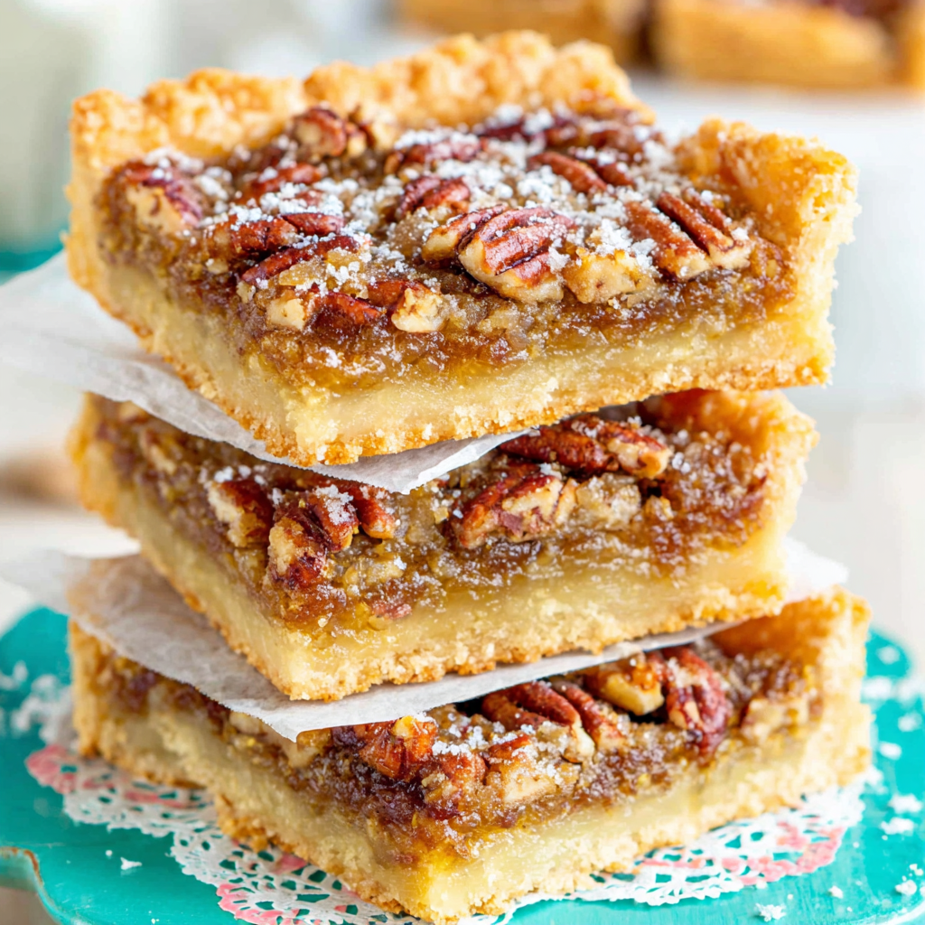 Close-up of pecan pie bar showing gooey filling and crumbly shortbread crust