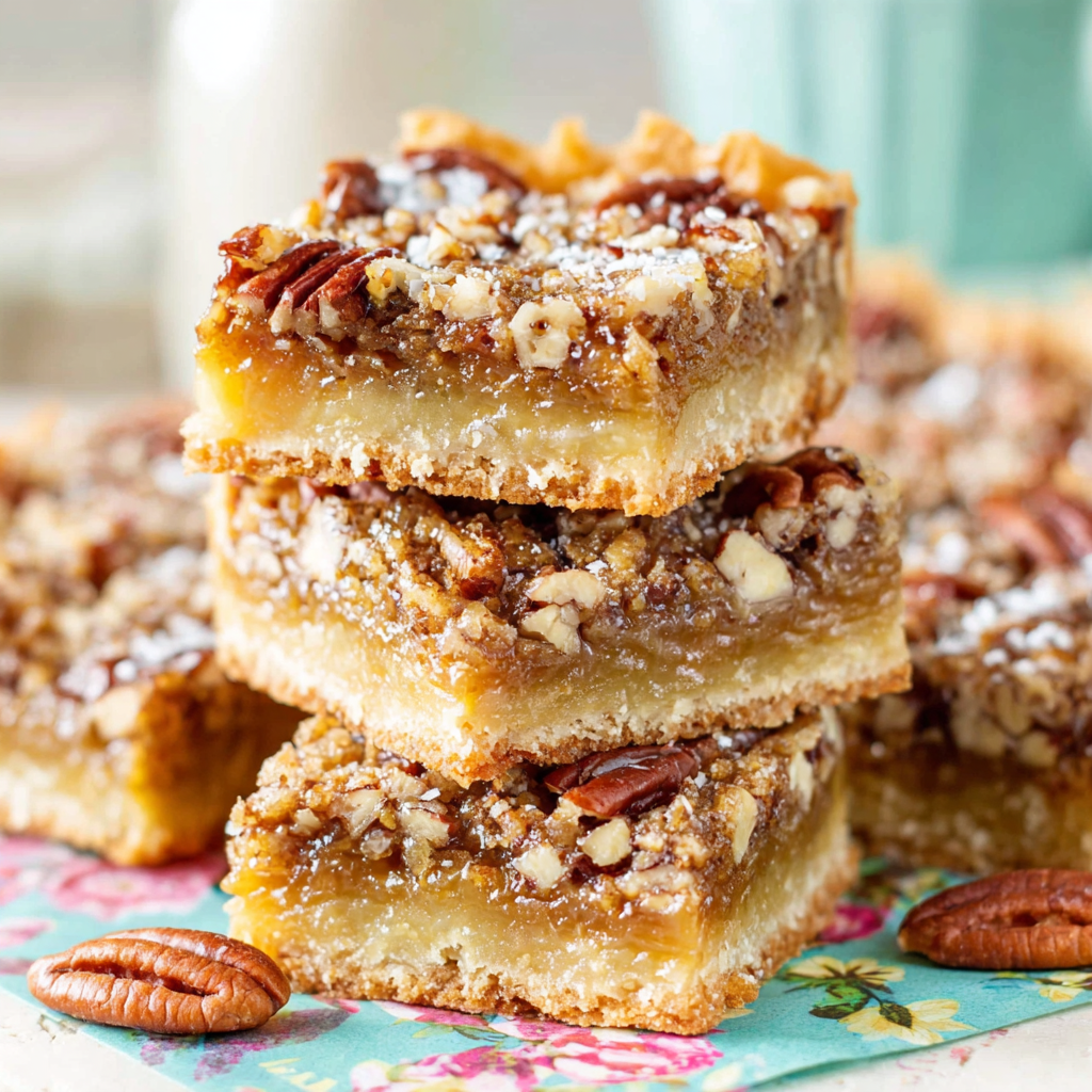 Tray of sliced pecan pie bars arranged for serving