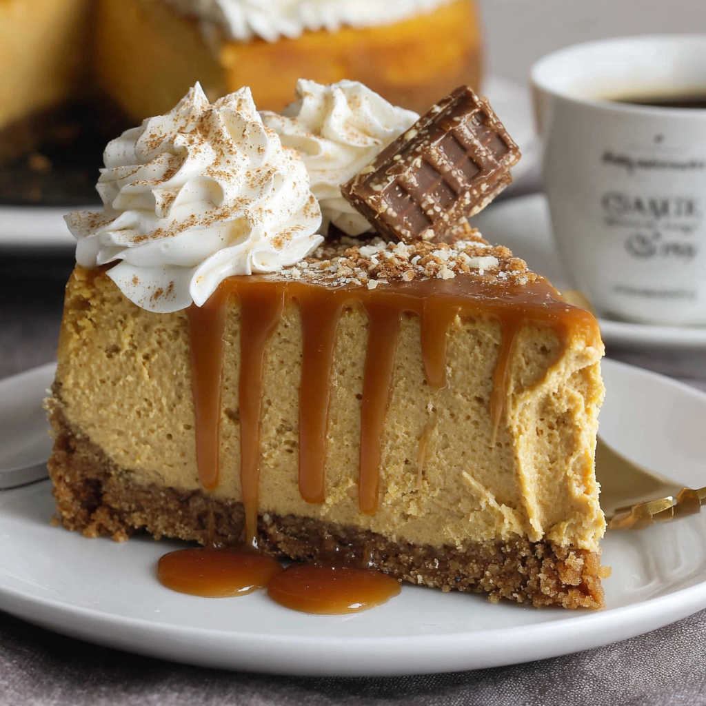 Silky pumpkin cheesecake with caramel drizzle on a plate