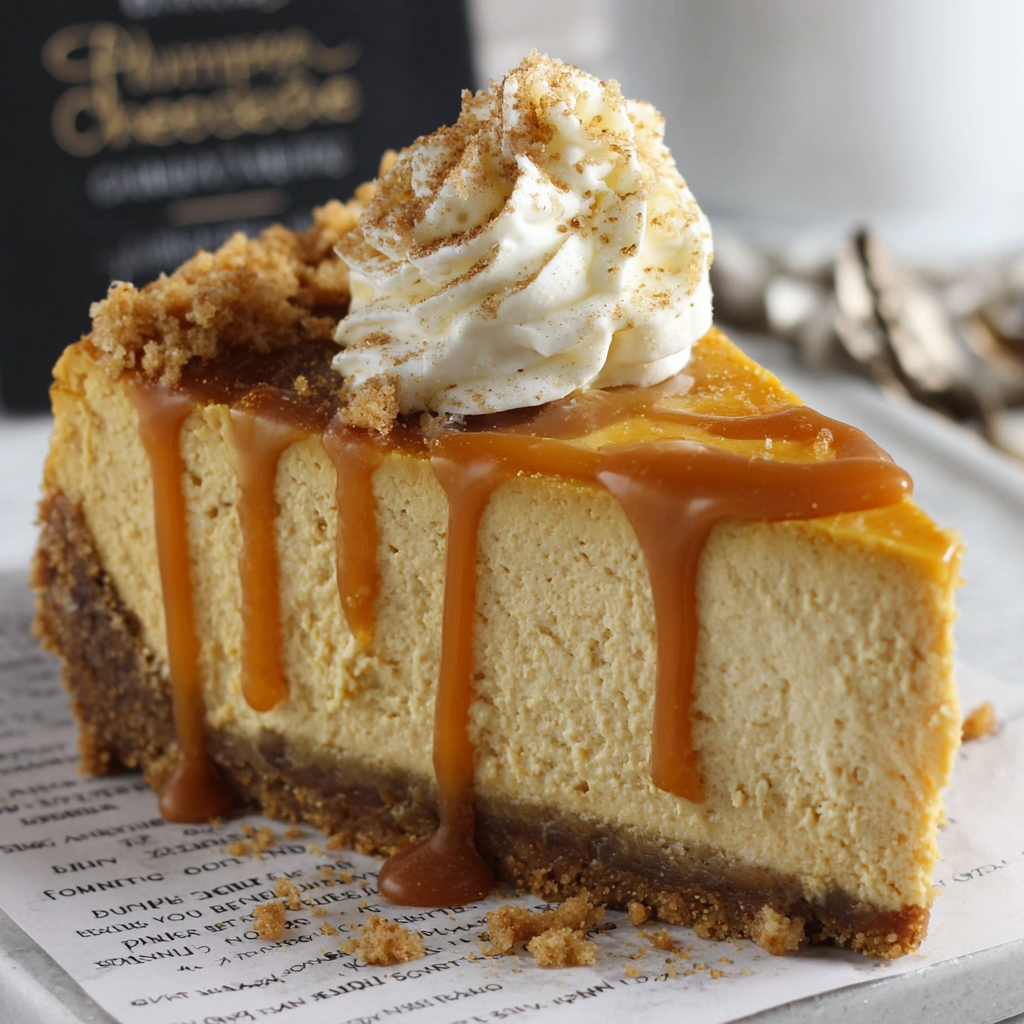Slice of pumpkin cheesecake with caramel and pecans