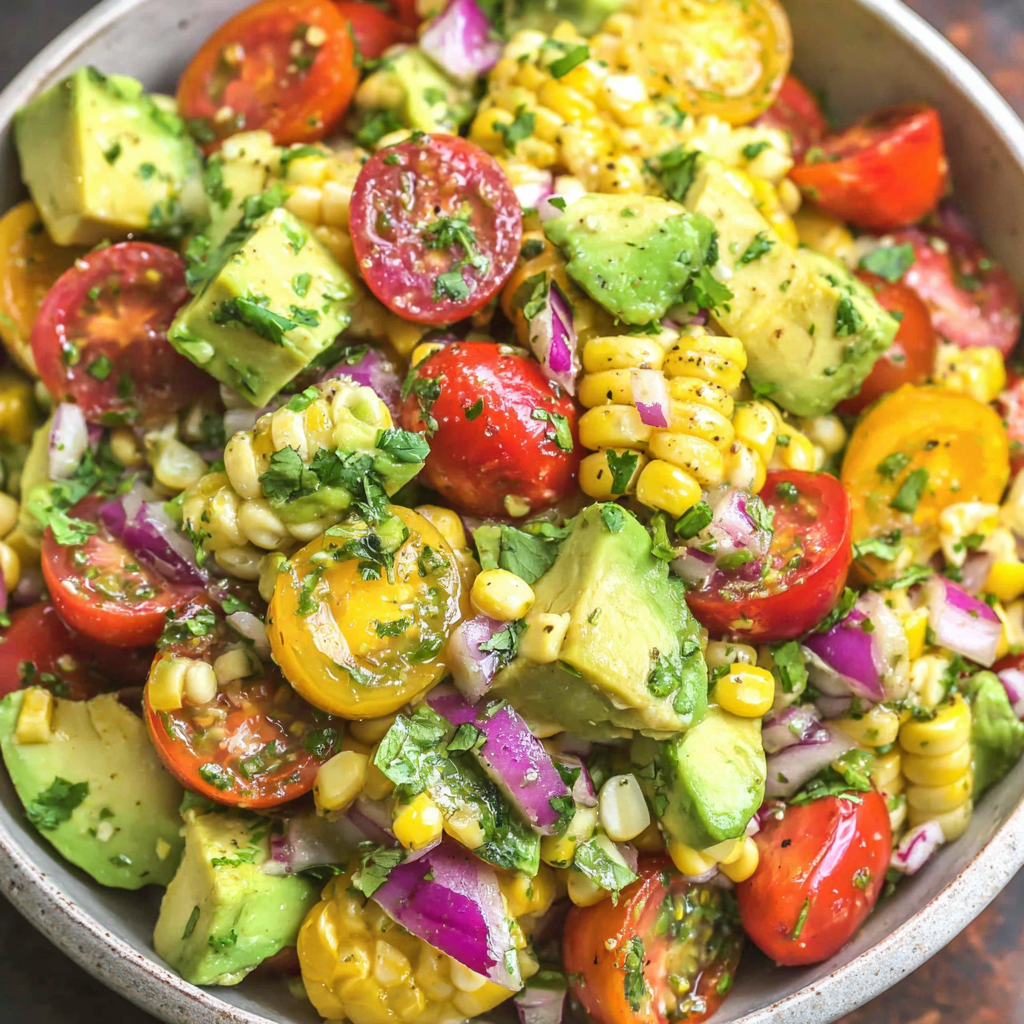 Ingredients for avocado corn salad arranged on a board