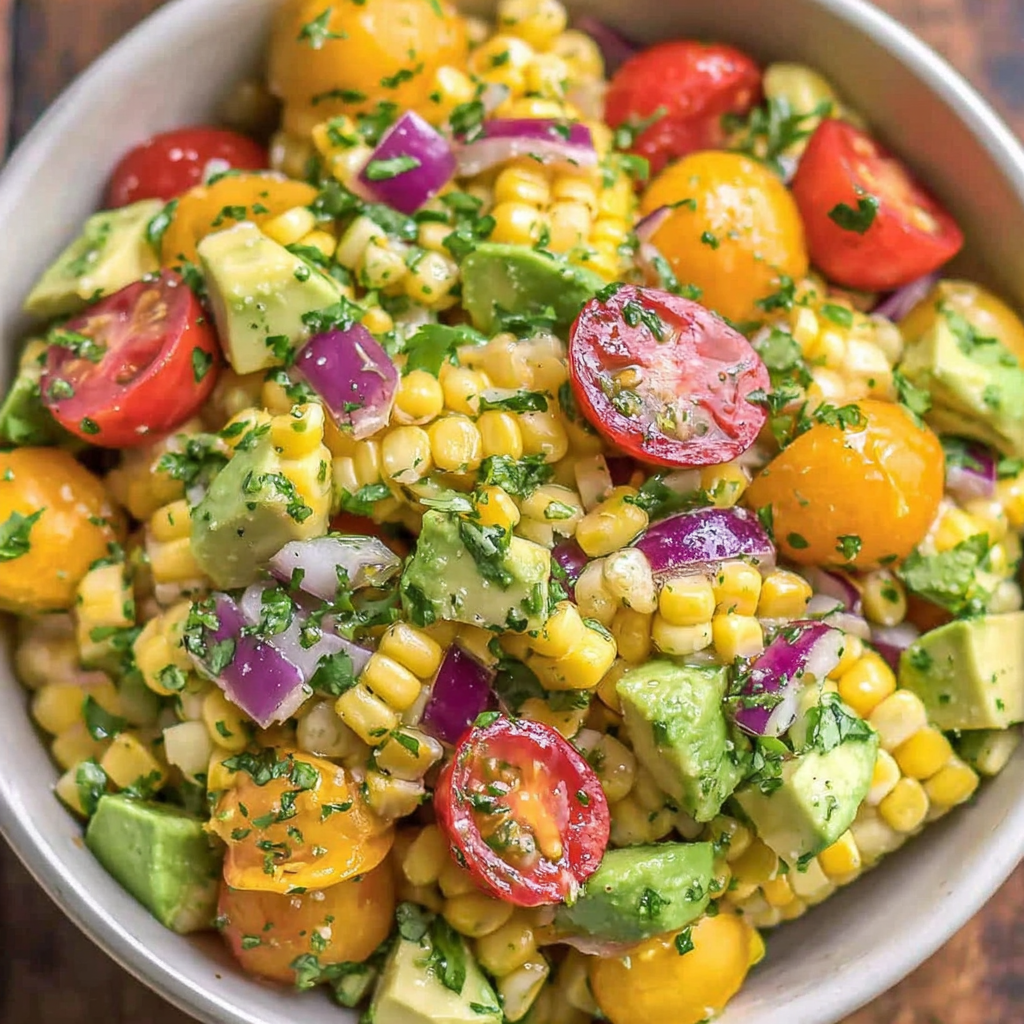 Serving avocado corn salad outdoors on a summer table