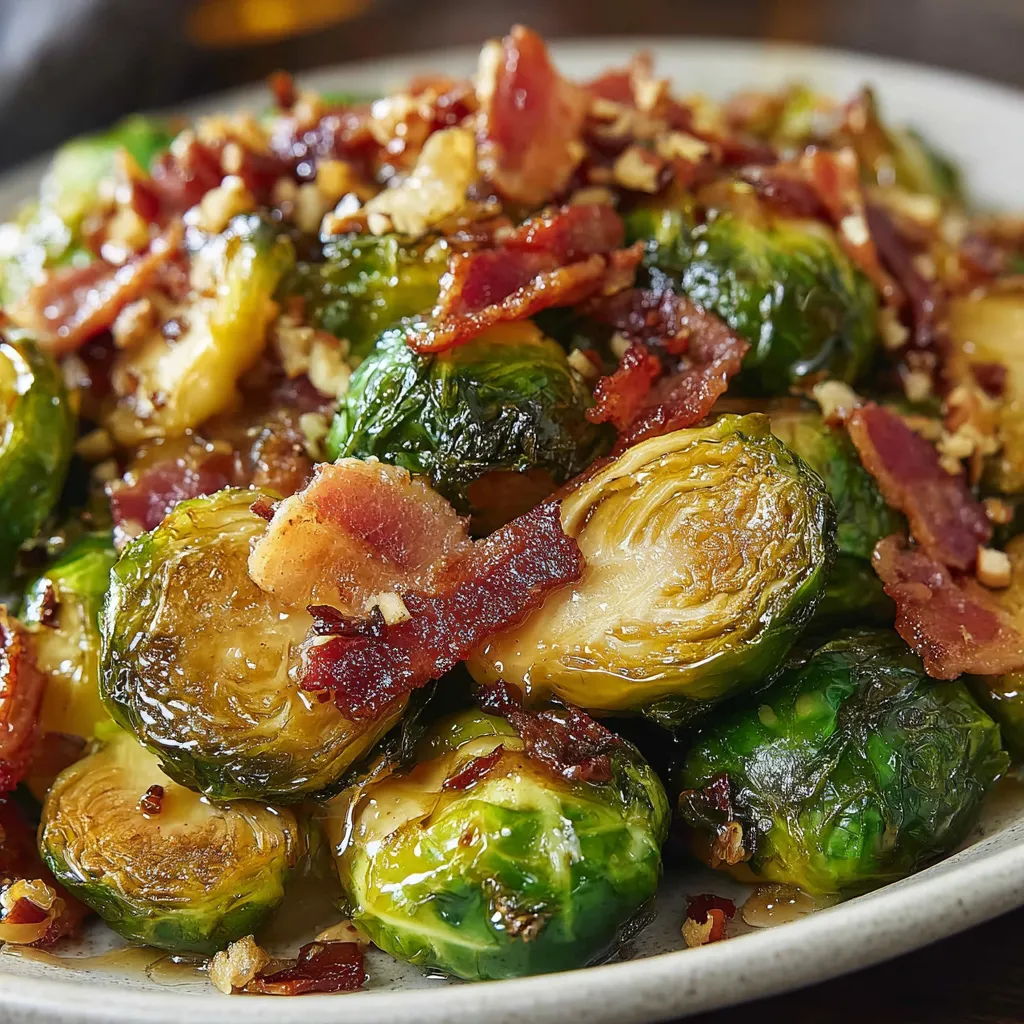 Close-up of glazed Brussels sprouts and bacon
