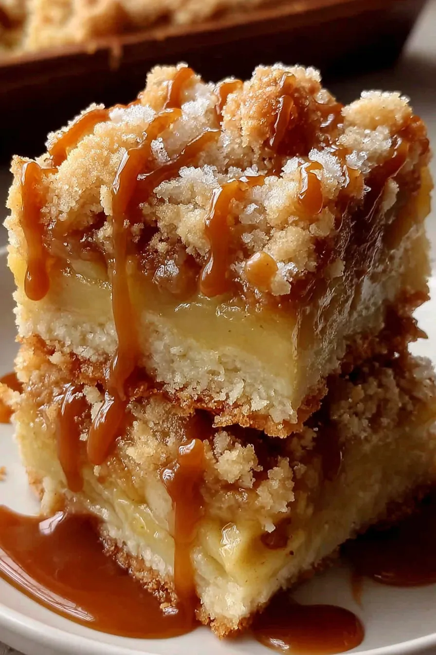 Salted caramel apple crumble bars close-up
