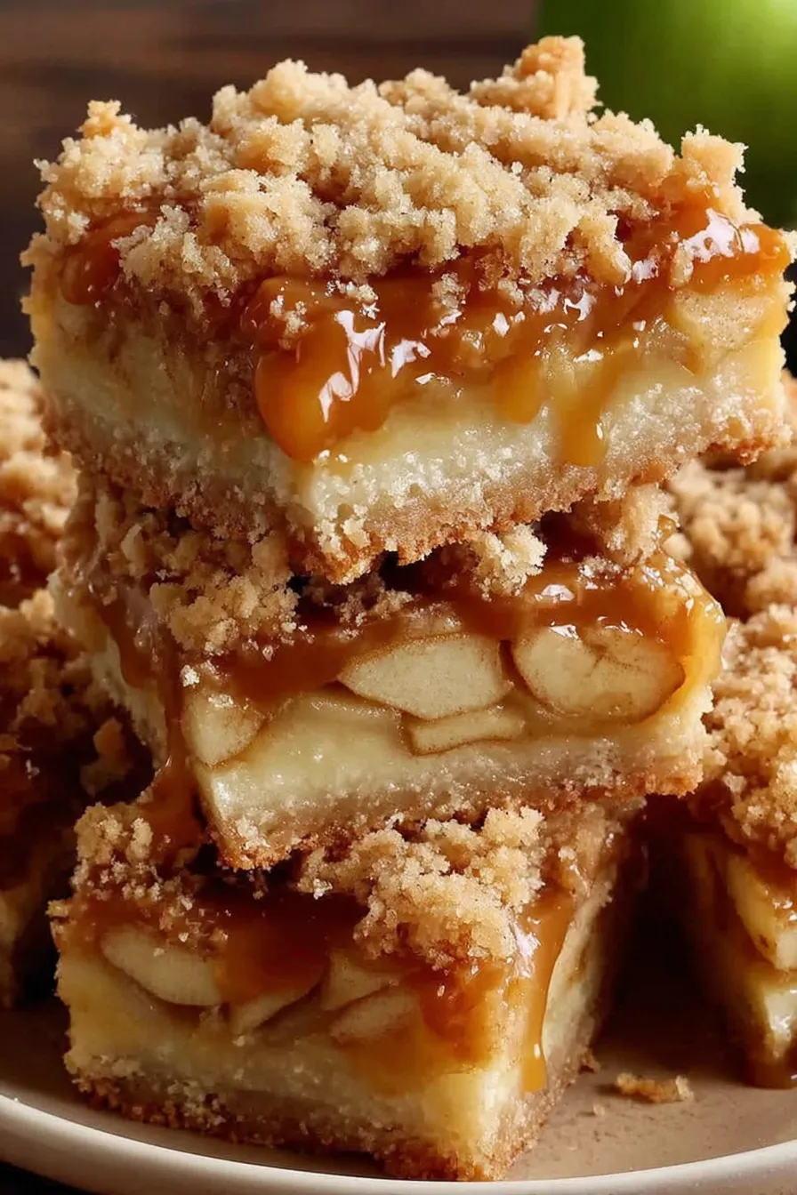 Sliced caramel apple bars on a tray