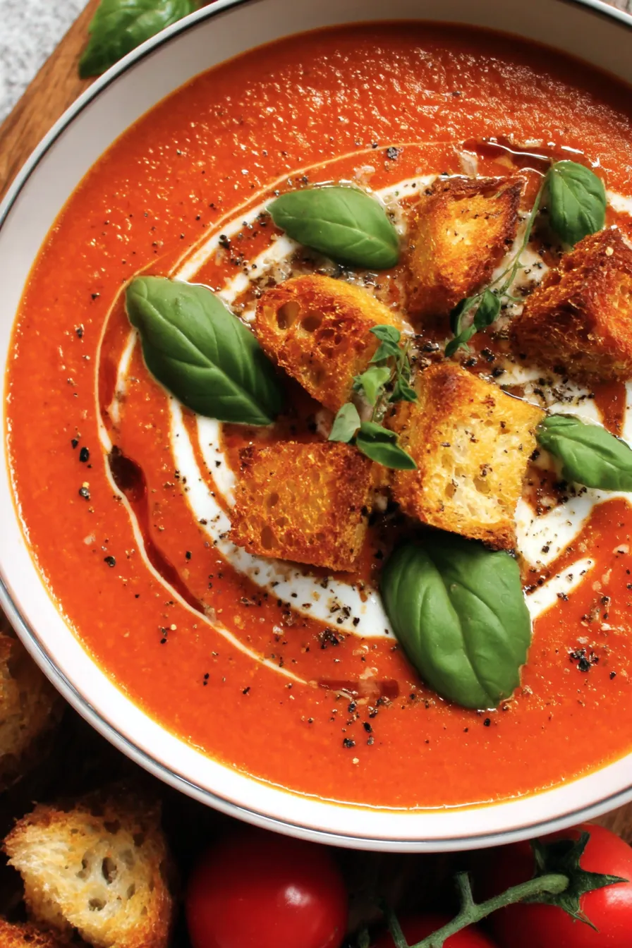 Bowl of roasted tomato soup garnished with basil