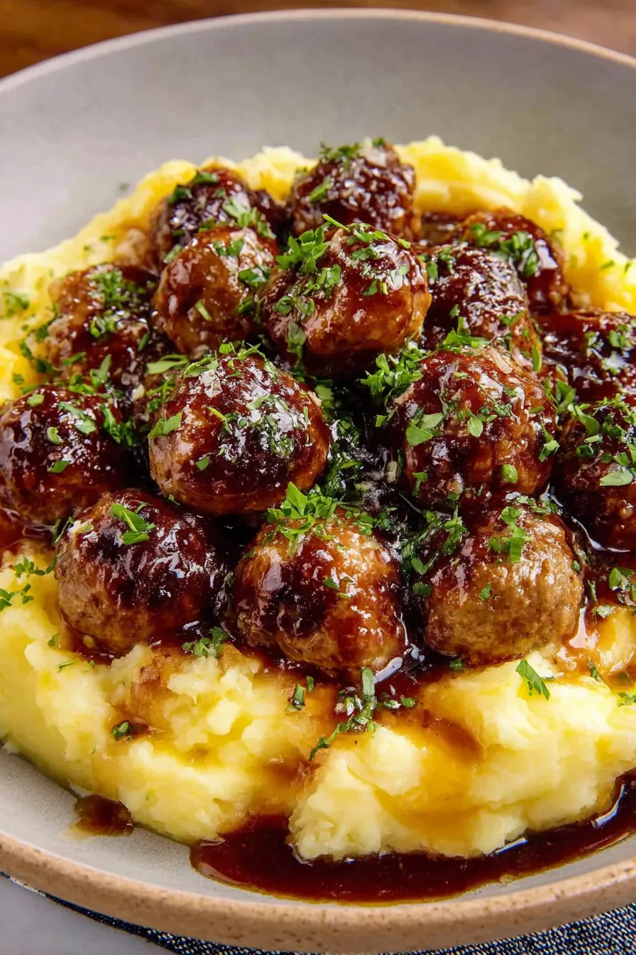 Browned meatballs in skillet with onions