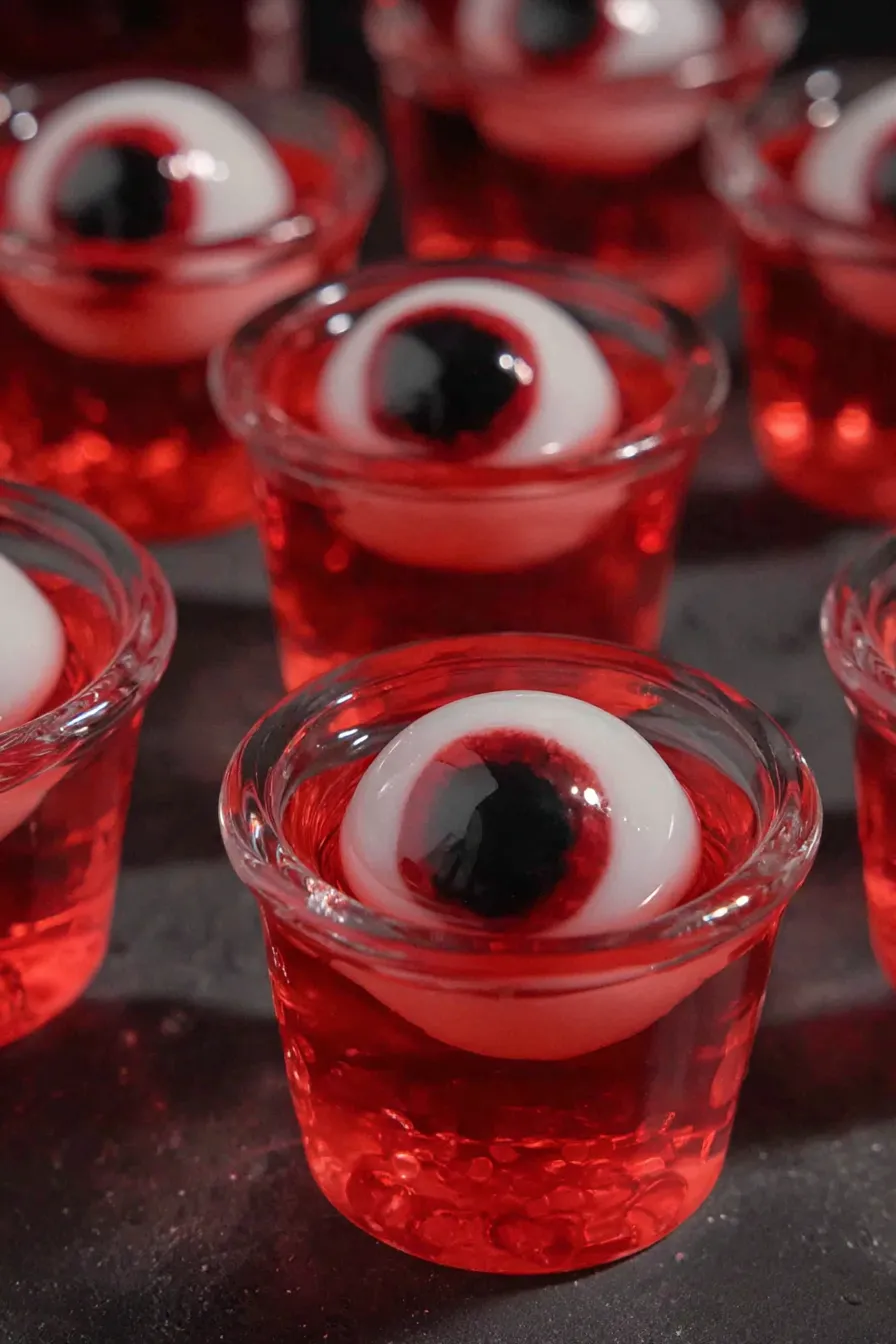 Close up of a Halloween eyeball jello shot with candy eye on top