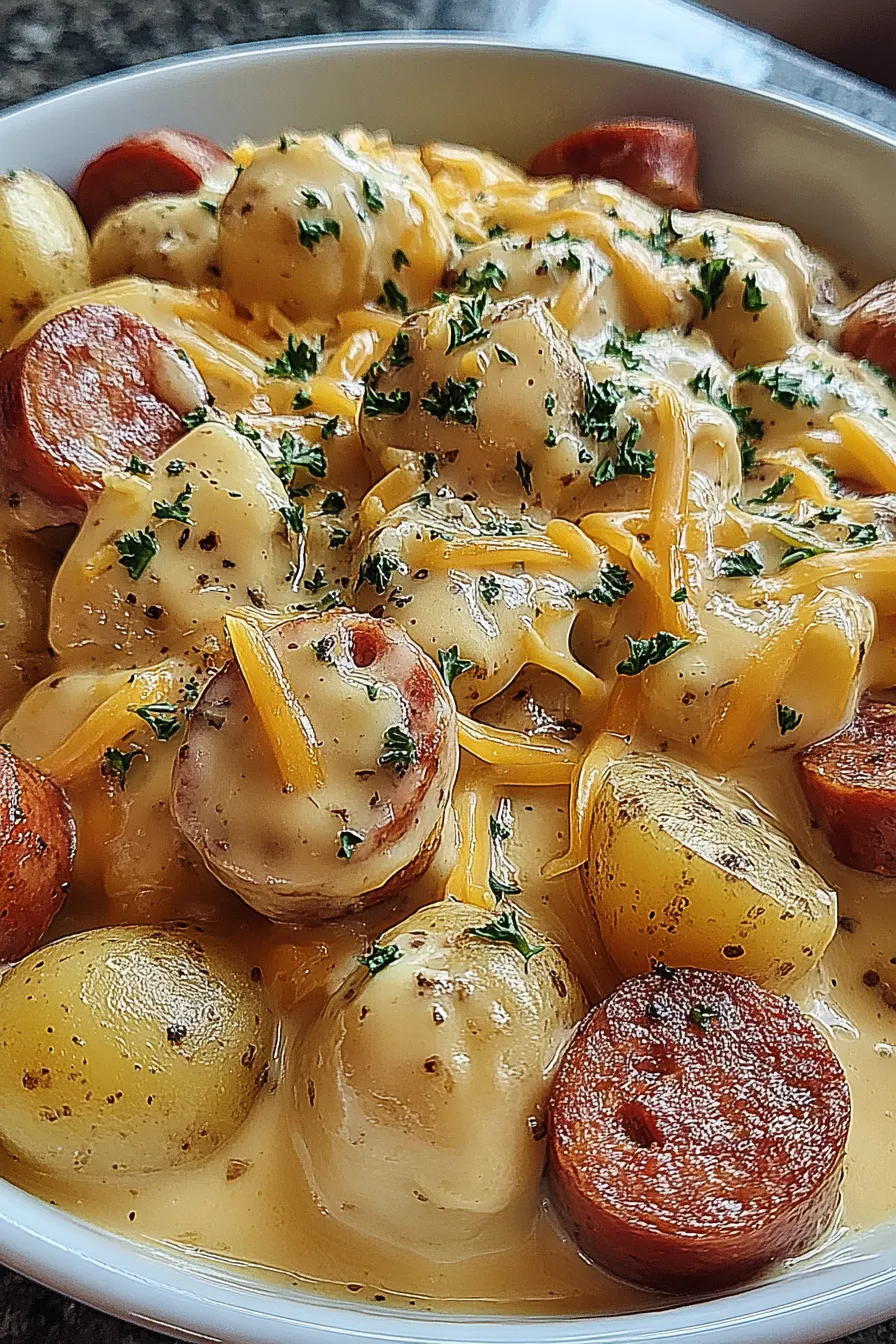 Golden roasted potatoes with smoked sausage and melted cheese