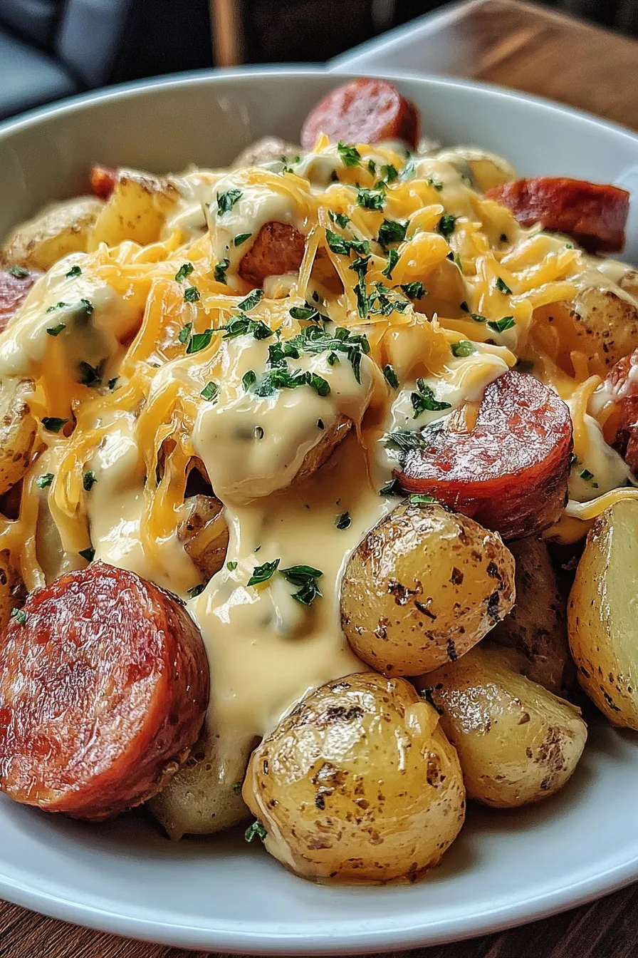 Close up of cheesy potatoes with parsley garnish