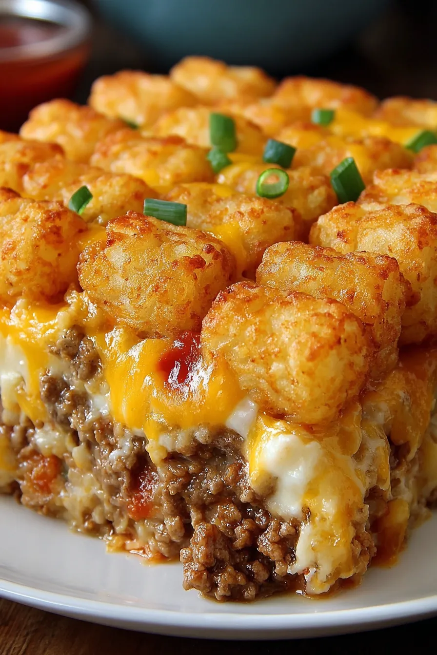Golden baked tater tot casserole fresh from oven