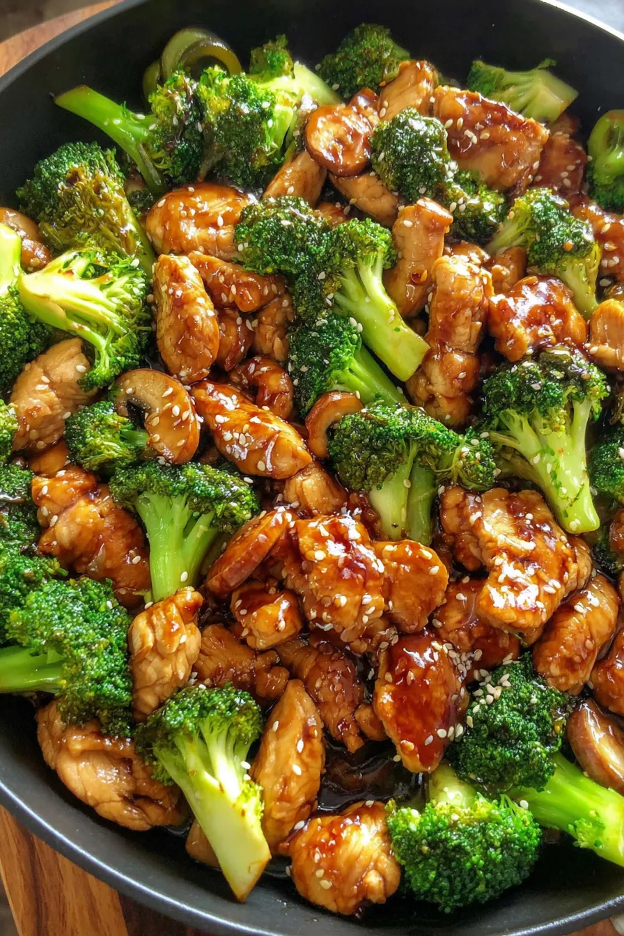 Finished chicken and broccoli stir-fry in a skillet