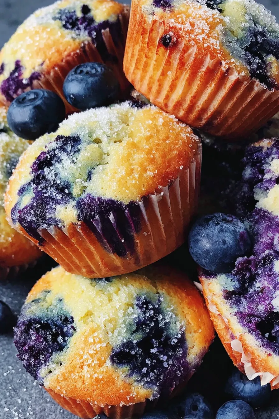 Close-up of a muffin split open showing blueberries