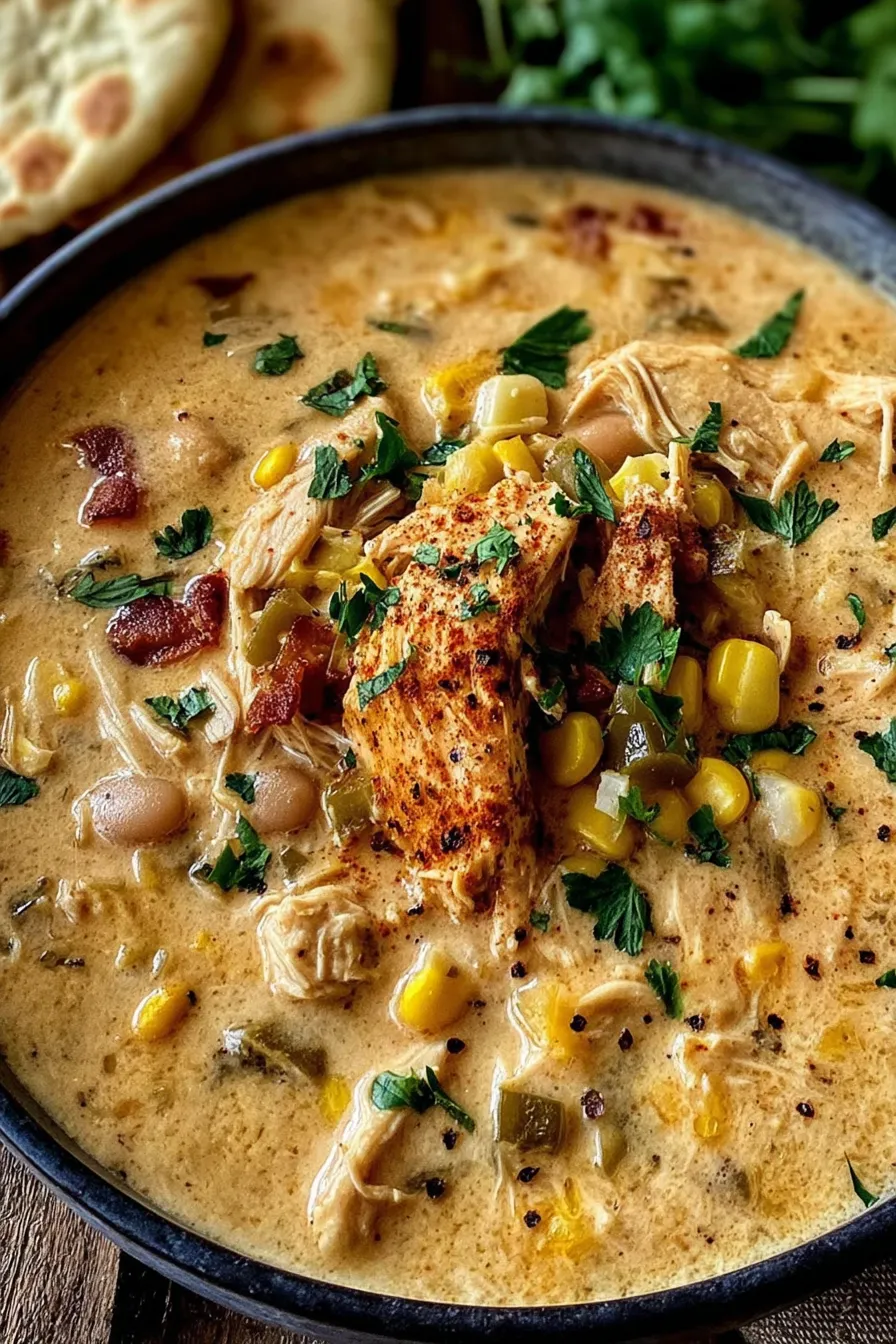 Ingredients and ladle over a pot of white chicken chili