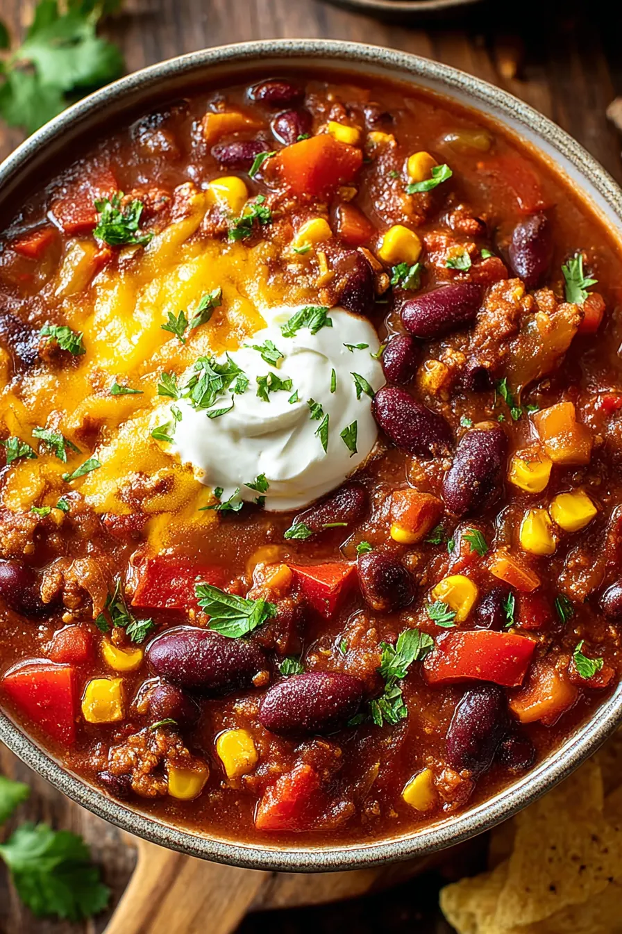 Hearty vegetarian chili simmering in a pot