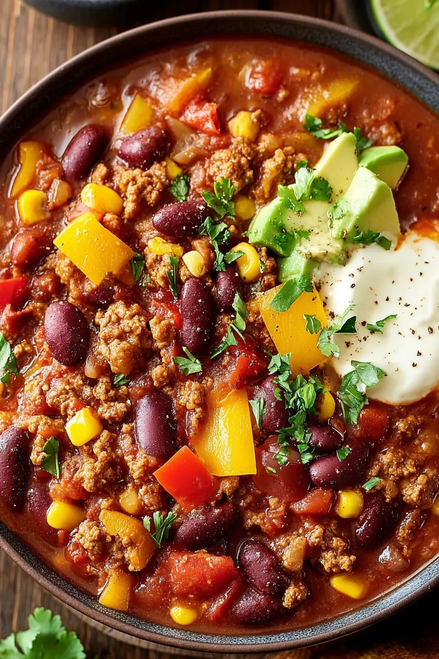 Bowl of vegetarian chili topped with avocado slices