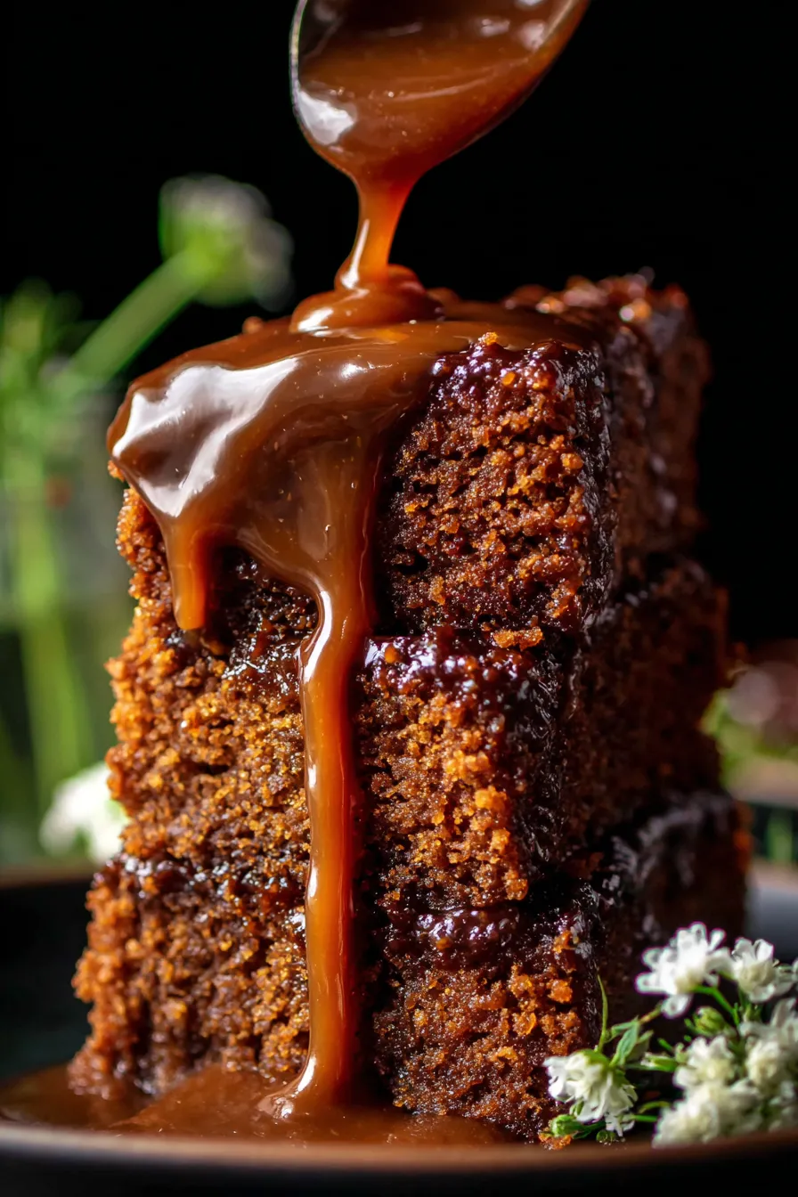 Close up of sticky toffee pudding slice