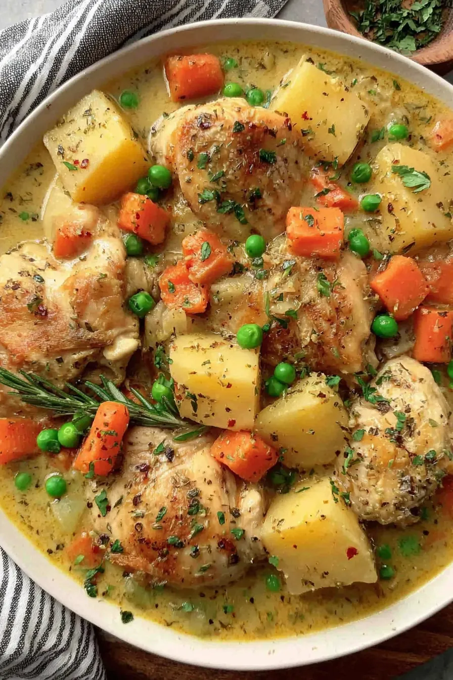 Finished chicken stew in a bowl with bread