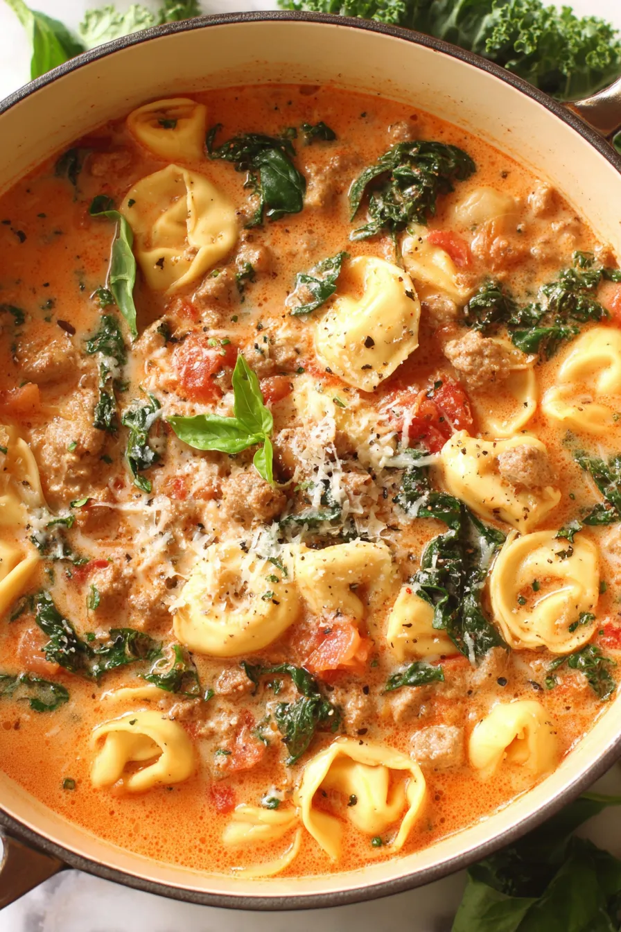 Creamy tortellini soup in a bowl with basil garnish