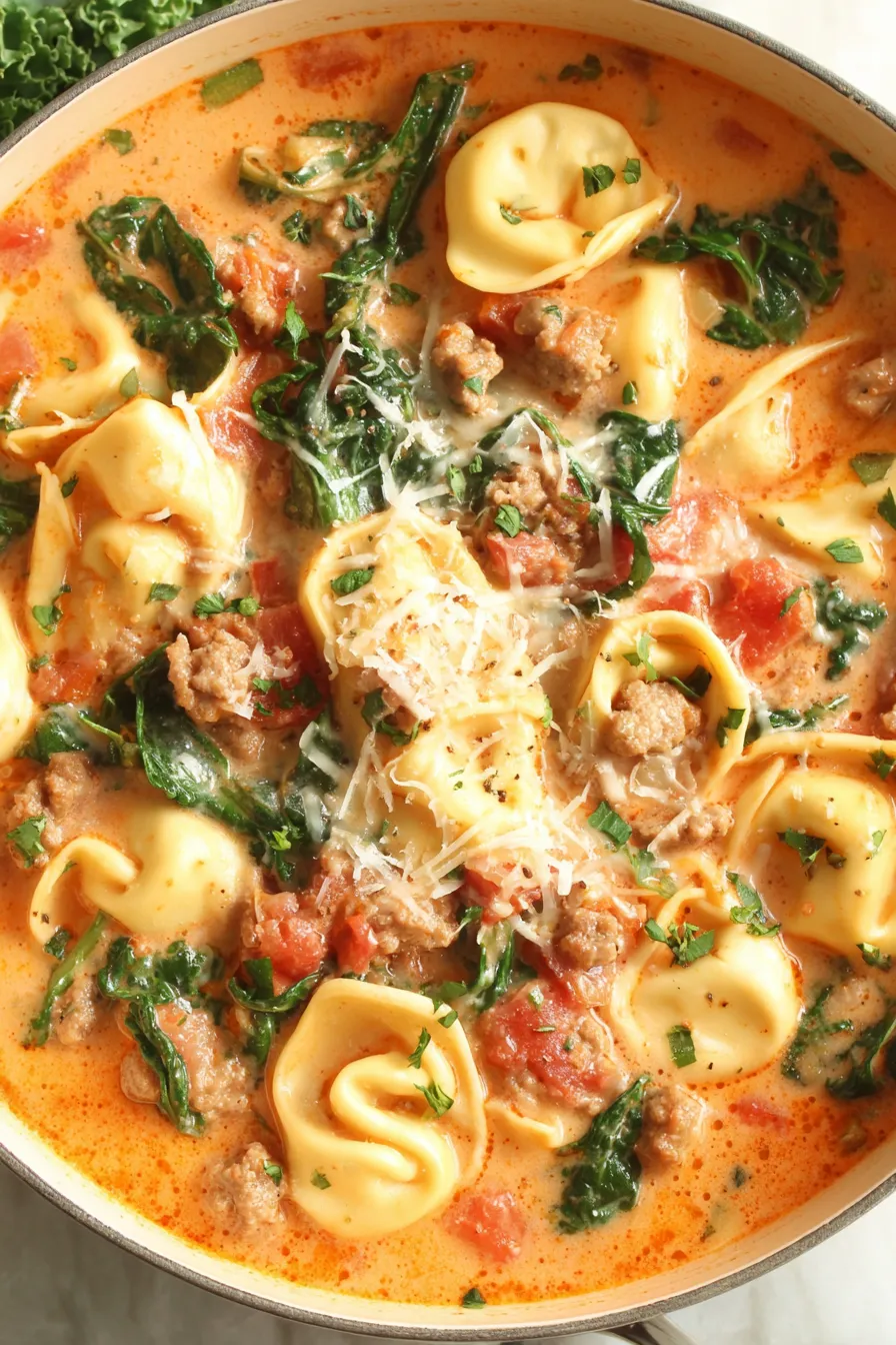 Spoon lifting tortellini from creamy soup