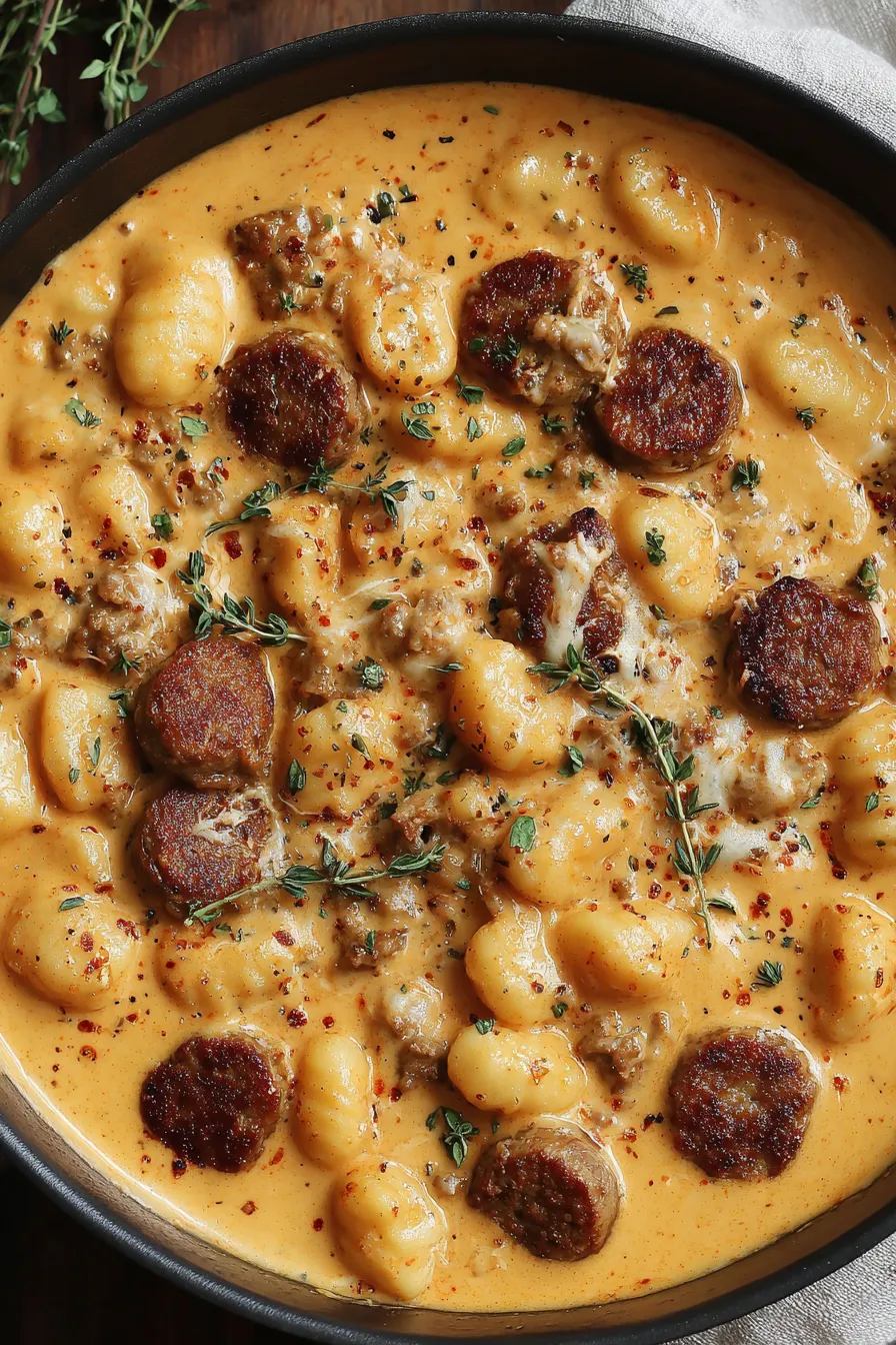 Sausage slices crisping in skillet