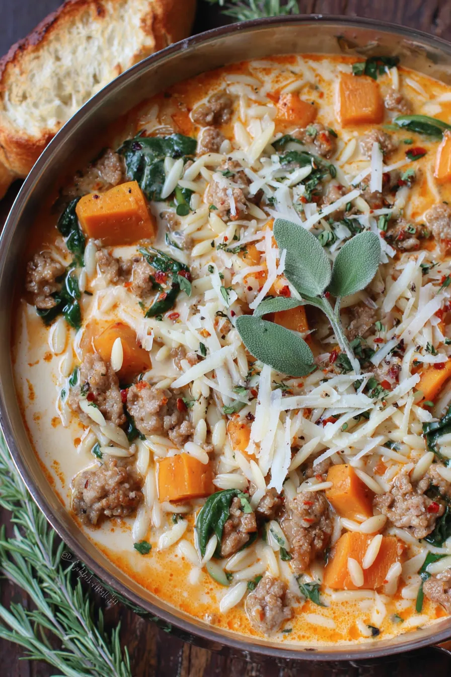 Bowl of creamy squash and sausage soup topped with Parmesan