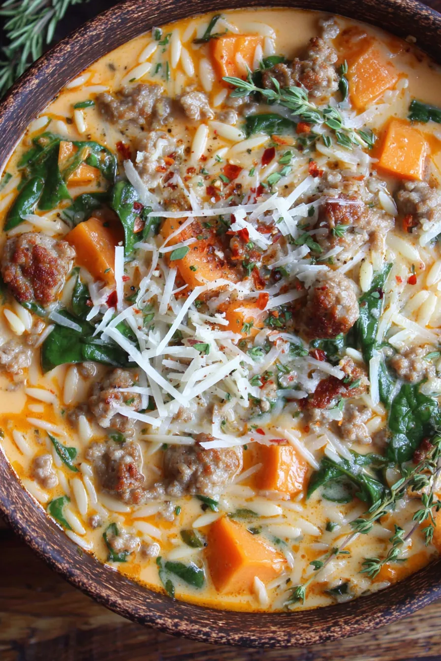 Creamy butternut squash soup with sausage in pot