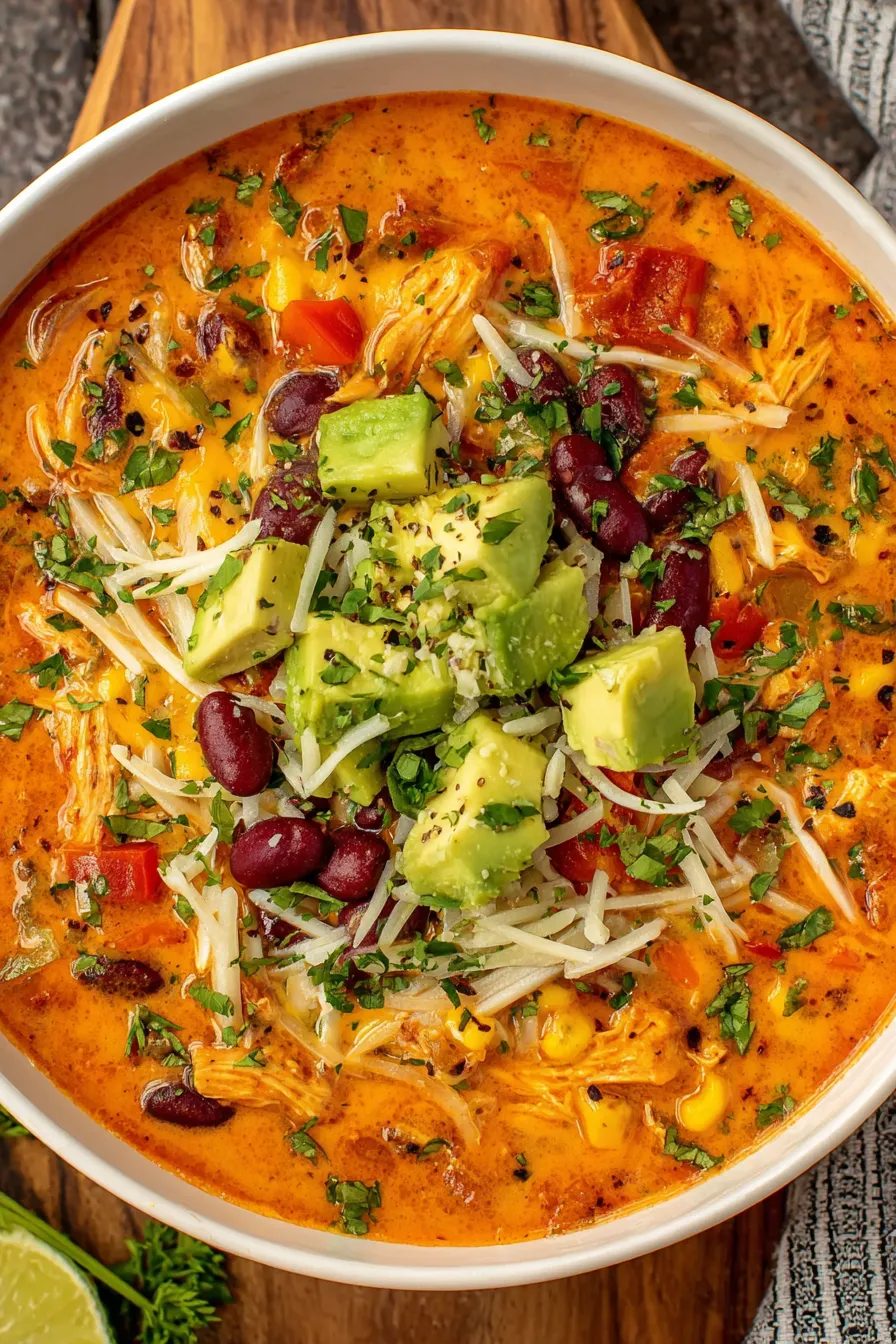 Bowl of soup with shredded chicken and beans